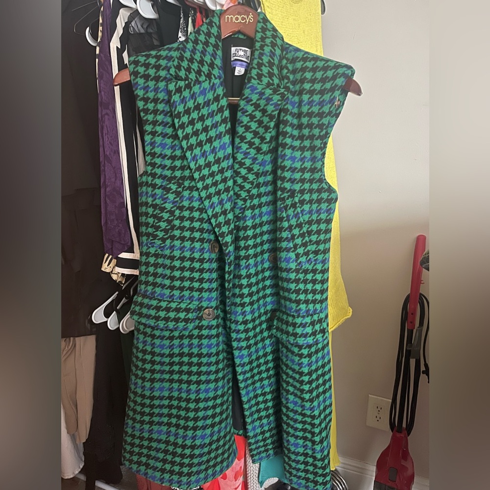 Future Collective green, royal blue, and black houndstooth long line vest